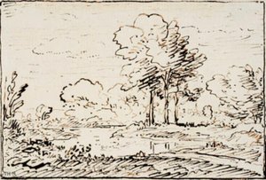 Landschaft mit drei hohen Bäumen an einer Flussbiegung von Theodore Rousseau