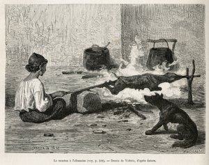 Ein junger Montenegriner brät ein Schaf mit dem Albaner, der vor dem Feuer sitzt und ständig den Holzspieß dreht. Gravur nach Valerios Zeichnung, um die Reise nach Dalmatien zu illustrieren, von Charles Yriarte, im Jahr 1874, veröffentlicht in „Le tour du 