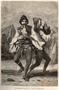 Morlac-Musiker (oder Montenegriner) aus dem Bezirk Zara, in lokaler Tracht: weißes Leinenshirt und darüber eine bestickte Weste, ein Gürtel mit Kupfer und Silber besetzt, Beine fallen auf den Lederschuh, und spielen eine Art Dudelsack, während sie tanzen