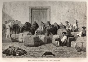 Wenn türkische Karawanen am Zoll von Sebenico (Serbien) ankommen, entladen die Handelsreisenden die Ballen vom Rücken ihrer Kamele, um die Menge und Art der Waren zu überprüfen. Gravur nach der Zeichnung von Theodore Valerio, zur Illustration einer Geschic