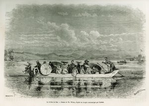 Ein Boot auf dem Fluss von Hue (Vietnam), Zeichnung von Th. Weber, um die Geschichte von acht Tagen Botschaft in Hue (Königreich Annam) in 1875 von Herrn Brossard de Corbigny, Leutnant (N), der Mission zugeordnet, zu illustrieren. Gravur in Le tour du mond