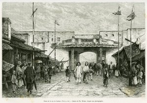 Kanton-Straßentor in Hanoi. Gravur von Th. Weber, nach einer Fotografie, zur Illustration der Geschichte „Dreißig Monate in Tonkin“ von Doktor Hocquard, veröffentlicht in Le Tour du monde 1889