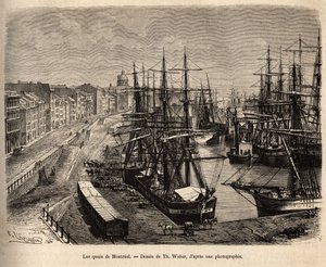 Die Kais von Montreal, Gravur nach einer Zeichnung von Th. Weber, die den Ausflug nach Kanada und zur Riviere Rouge du nord, von H. De Lamotte, 1873, illustriert, veröffentlicht in „Le tour du monde“ 1875, herausgegeben von Edouard Charton, Hachette-Ausgab von Theodore Weber