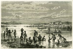 Leben am Ufer des Sambesi-Flusses, die Marutses legen großen Wert auf Sauberkeit und Waschen ist für sie eine Notwendigkeit. Gravur von Th. Weber zur Illustration der Geschichte „Au pays des Marutses“ in den Jahren 1875-1879 von Dr. Emile Holub von Theodore Weber