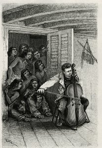 Porträt des reisenden Autors, der Cello spielt und ein neugieriges Publikum anzieht. Gravur von Th. Weber, zur Illustration der Geschichte „Die Wallis-Inseln“ von Dr. Emile Deschamps, veröffentlicht in Le Tour du monde