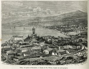 Die Stadt Jalta, von Massandra aus gesehen, Zeichnung von Th. Weber, um die Geschichte Vier Monate in Russland, im Jahr 1876, von F. De Mely zu illustrieren. Gravur in Le tour du monde. von Theodore Weber