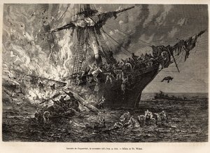 Das Feuer der Cospatrick, ein britisches Schiff mit mehr als 400 Auswanderern nach Neuseeland, am 19. November 1874, graviert nach einer Zeichnung von T. Weber, zur Illustration der Studie von Stürmen und Reisen, von Herrn Zurcher und Herrn Margolle, 1870-