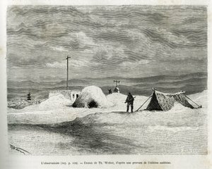 Das meteorologische Observatorium wurde in der Bucht von Koljutschin (Polarkreis) installiert, während das Schiff La Vega im Eis gefangen war und die Besatzung sich auf das Überwintern vorbereitete. Gravur von Th. Weber, um die Geschichte "Reise der Vega u von Theodore Weber
