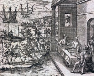 Vereinbarung zwischen Francisco Pizarro, Diego de Almagro und Hernando de Luque zur Erkundung und Ausbeutung Perus von Theodore de Bry
