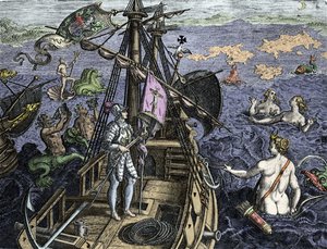 Allegorie der Reisen von Christoph Kolumbus (1451-1506), Gravur aus „Historia Americae sive Novi Orbis“ von Theodor de Bry (1527-1598), Amsterdam 1594 von Theodore de Bry