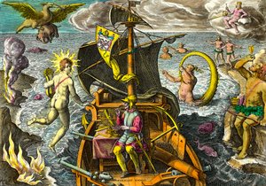 Allegorie auf die Reisen des Navigators Ferdinand Magellan, dargestellt auf seinem Schiff mit einem Armillarsphäre, umgeben von mythologischen Figuren und fantastischen Tieren. Gravur aus Admirante Narratio Americae von Theodore de Bry von Theodore de Bry
