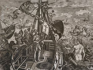 Allegorie der Reise von Christoph Kolumbus zur Entdeckung der Neuen Welt, Gravur von Theodor de Bry