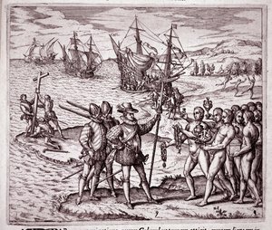Ankunft von Christoph Kolumbus auf der Insel Hispaniola in den Westindischen Inseln (Gravur)