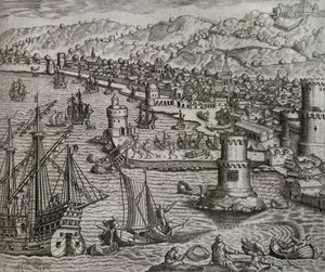 Ankunft von Girolamo Benzoni im Hafen von Las Palmas während seiner Reise nach Amerika (1541), Kanarische Inseln, Gravur von Theodor de Bry (1528-1598)