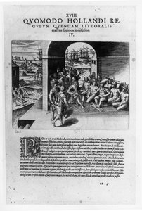 Ankunft der niederländischen Führer in Guinea: Die Verhandlung über den Kauf von Sklaven, die an die spanischen Konquistadoren verkauft werden sollen, aus "Petits Voyages" von Theodore de Bry