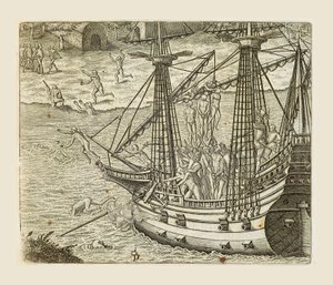 Bartolomeo Diaz hängt einige Indianer an einer Karavelle auf, Stich von Theodor de Bry (1528-1598) aus Americae pars quarta, sive, Insignis et admiranda historia de reperta primum Occidentali India Christophoro Columbo, von Girolamo Benzoni von Theodore de Bry