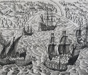 Schlacht vor der Stadt Matical in der Bucht von Bengalen, Stich aus Indiae Orientalis, von Theodor de Bry (1528-1598) von Theodore de Bry