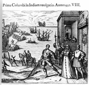 Christoph Kolumbus und die Brüder Pinzon verlassen den Hafen von Palos in Spanien am 03.08.1492 in die Neue Welt. Rechts der König und die Königin von Portugal, Ferdinand II. von Aragon und Isabella I. von Kastilien. Gravur von Theodore de Bry in „Admirant von Theodore de Bry