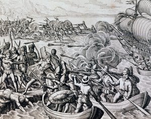 Zusammenstoß zwischen einheimischen Indianern und spanischen Truppen, aus Historia Americae