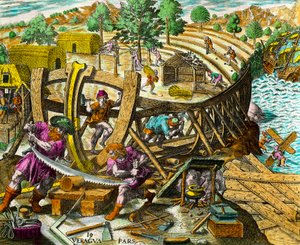 Bau eines Bootes für den spanischen Navigator Vasco Nunez de Balboa (1475-1517). Gravur aus Geschichte der Amerikas von Theodore de Bry (1528-1598) 16. Jahrhundert. Privatsammlung