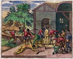 Grausamkeit der spanischen Kolonisten gegenüber den Indianern, Mexiko, ca. 1550 von Theodore de Bry