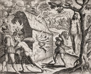 Beschreibung der von spanischen Siedlern an Indianern verübten Verbrechen - Brand eines Indianerdorfes durch die Konquistadoren. Hängen - Gravur von Theodore de Bry in „Narratio regionum indicarum per Hispanos quosdam devastatarum verissima“ von Bartolome 