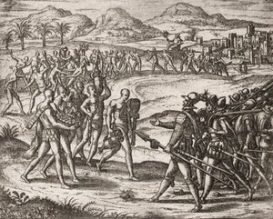 Beschreibung der von spanischen Siedlern an Indianern verübten Verbrechen - Indianer bringen Geschenke und Gold zu den Konquistadoren - Gravur von Theodore de Bry in „Narratio regionum indicarum per Hispanos quosdam devastatarum verissima“ von Bartolome de