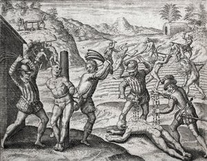 Beschreibung der von spanischen Siedlern an Indianern verübten Verbrechen - Spanier foltern Indianer - Gravur von Theodore de Bry in „Brevisima Relacion de la Destruction de las Indias“ von Bartolome de las Casas (1484-1566)