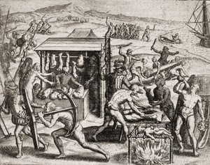 Beschreibung der von spanischen Siedlern an Indianern verübten Verbrechen - Spanische Konquistadoren zwingen Indianer zur Arbeit und misshandeln sie - Anthropophagen-Indianer - Gravur von Theodore de Bry in „Narratio regionum indicarum per Hispanos quosdam