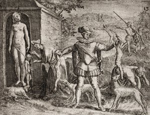 Beschreibung der von spanischen Siedlern an Indianern verübten Verbrechen - Spanische Konquistadoren massakrieren indianische Frauen und Kinder. Hängen. Kinder den Hunden zugeworfen - Gravur von Theodore de Bry in „Narratio regionum indicarum per Hispanos 