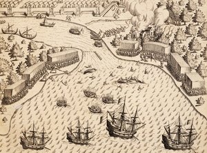 Ankunft der Niederländer auf der Insel Madura, Java, Gravur aus dem Werk India Orientalis, von Theodor de Bry