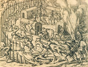 Europäische Eroberer greifen ein Indianerdorf an, Illustration aus der amerikanischen Geschichte von Theodore de Bry