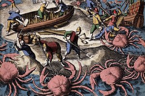 Europäische Seefahrer kämpfen gegen große Krabben. Gravur aus „Petites voyages aux Indes Orientales“ von Theodore de Bry von Theodore de Bry
