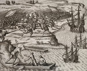 Kampf zwischen Christoph Kolumbus und Francesco Poresio in Jamaika, Stich von Theodor de Bry (1528-1598)