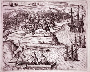 Vierte Reise von Christoph Kolumbus auf die Insel Jamaika im Jahr 1503 (Gravur)