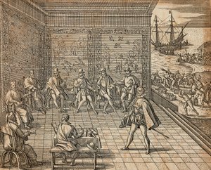 Francesco Pizarro bereitet sich auf seine Expedition nach Südamerika vor von Theodore de Bry