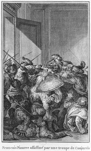 Francisco Pizarro, ermordet von einer Armee von Verschwörern, 1541 von Theodore de Bry