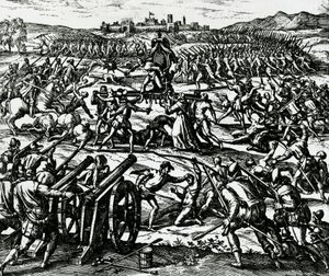 Truppen von Francisco Pizarro erobern den Inka-Kaiser Atahualpa während der Schlacht von Cajamarca, 16. November von Theodore de Bry