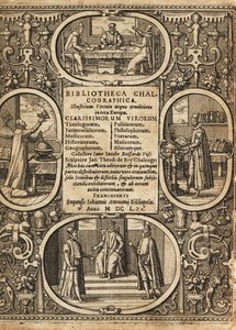 Frontispiz mit Vignetten von Wissenschaftlern innerhalb von Rahmen von Theodore de Bry