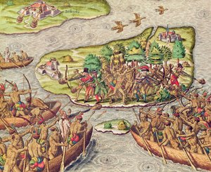 Hans Staden wird von amerikanischen Ureinwohnern in Brasilien gefangen genommen von Theodore de Bry
