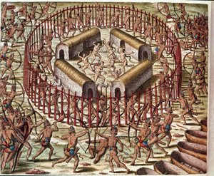 Ein Indianerdorf in Virginia. Gravur aus „Admirante Narratio Americae“ von Theodore de Bry (1528-1598)