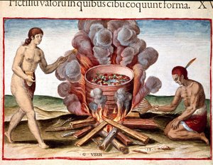 Indianer kochen Fisch. Gravur aus „Admirante Narratio Americae“ von Theodore de Bry (1528-1598) von Theodore de Bry