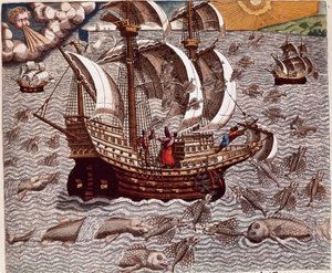 Geschichte Amerikas: „Reise spanischer Karavellen umgeben von fliegenden Fischen“ Bericht über die Reisen von Hans Staden, einem deutschen Entdecker, der mit den spanischen Flotten nach Brasilien reiste und von den Tupinamba-Indianern gefangen genommen wur
