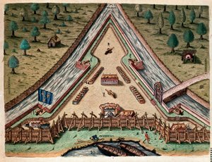 Geschichte Amerikas: „Leben von Fort Carolina, Bastion von Carolina“ „Gravur aus „Admirante Narratio Americae““ von Theodore de Bry (1528-1598) nach einer Zeichnung von Jacques le Moyne (de Morgues) (1533-1588)