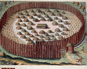 Geschichte Amerikas: „Darstellung eines befestigten Indianerdorfes in Florida“ Gravur aus „Admirante Narratio Americae“ von Theodor de Bry (1528-1598)