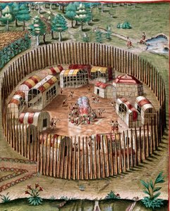 Darstellung der befestigten Stadt Pomeiock oder Pomeiooc in Virginia im Jahr 1585. Gravur aus „Admirante Narratio Americae“ von Theodore de Bry (1528-1598)