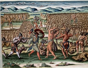 Die Soldaten von Häuptling Outina (oder Olata Utina) kämpfen, indem sie die Franzosen der Expedition von Jean Ribault (oder Ribaut) gegen die feindlichen Stämme von Potanou einsetzen. Gravur aus „Admirante Narratio Americae“ (Geschichte der Amerikas) von T von Theodore de Bry
