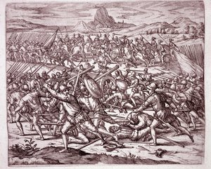 Geschichte Amerikas: Kämpfe zwischen den Armeen von Vaca de Castro und Almagro junior nach dem Tod von Francisco Pizarro und Diego de Almagro (Gravur) von Theodore de Bry