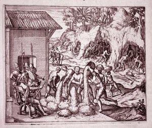Geschichte Amerikas: Die Spanier nutzen die Goldminen aus (Gravur)