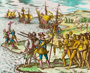 Geschichte Amerikas: Der Entdecker Christoph Kolumbus (1451-1506) wird bei seiner Ankunft in der Neuen Welt von den Indianern begrüßt. Gravur von Theodore De Bry (1528-1598) Gravur des 16. Jahrhunderts